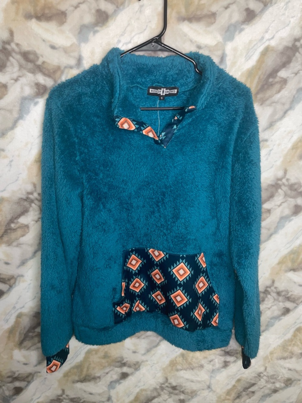 Rowdy Crowd Cozy Teal Fuzzy Pullover with Geometric Pocket
